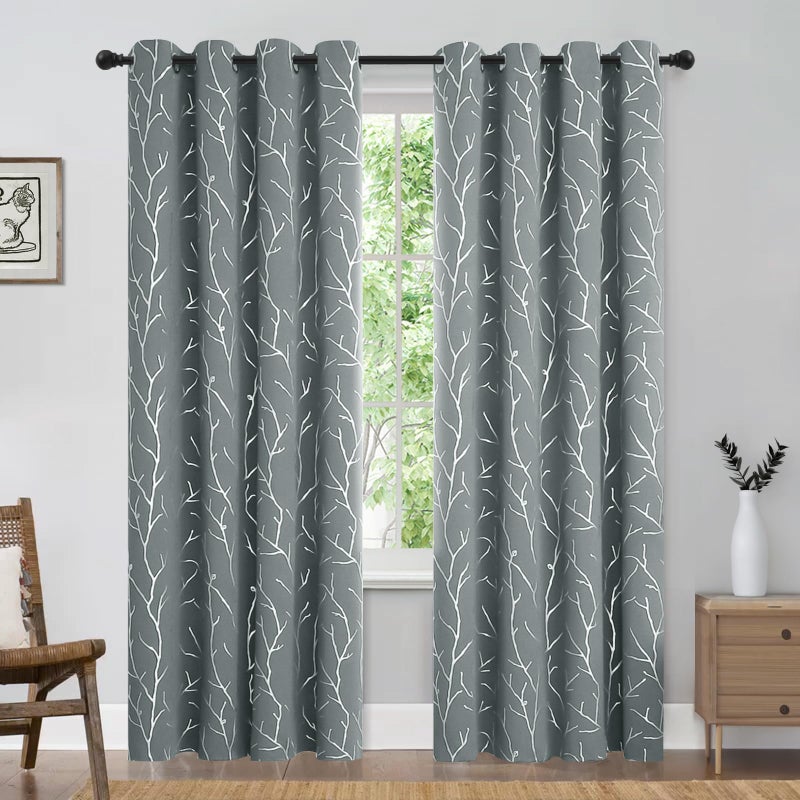 BUHUA Blackout Curtains 84 Inch Length 2 Panels Set, Grey Curtains for Bedroom, Foil Tree Branches Print Geometric Grommet Top Drapes Energy - Saving Curtain, Light Grey, 52W x 84L - Image 2